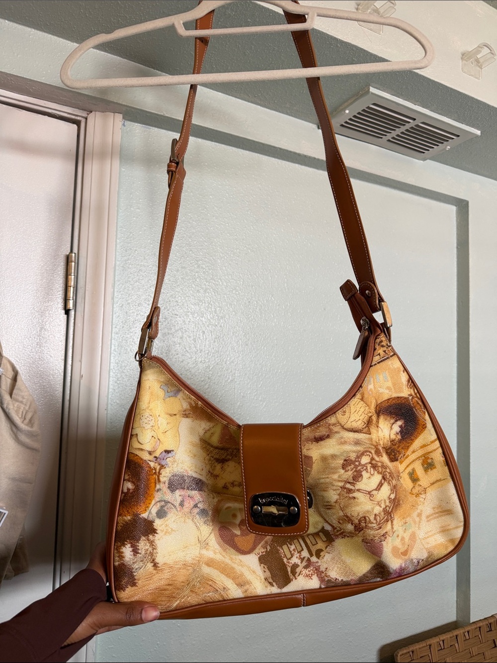 Braccialini Multicolor Printed Canvas Shoulder Bag with Brown Leather Trim